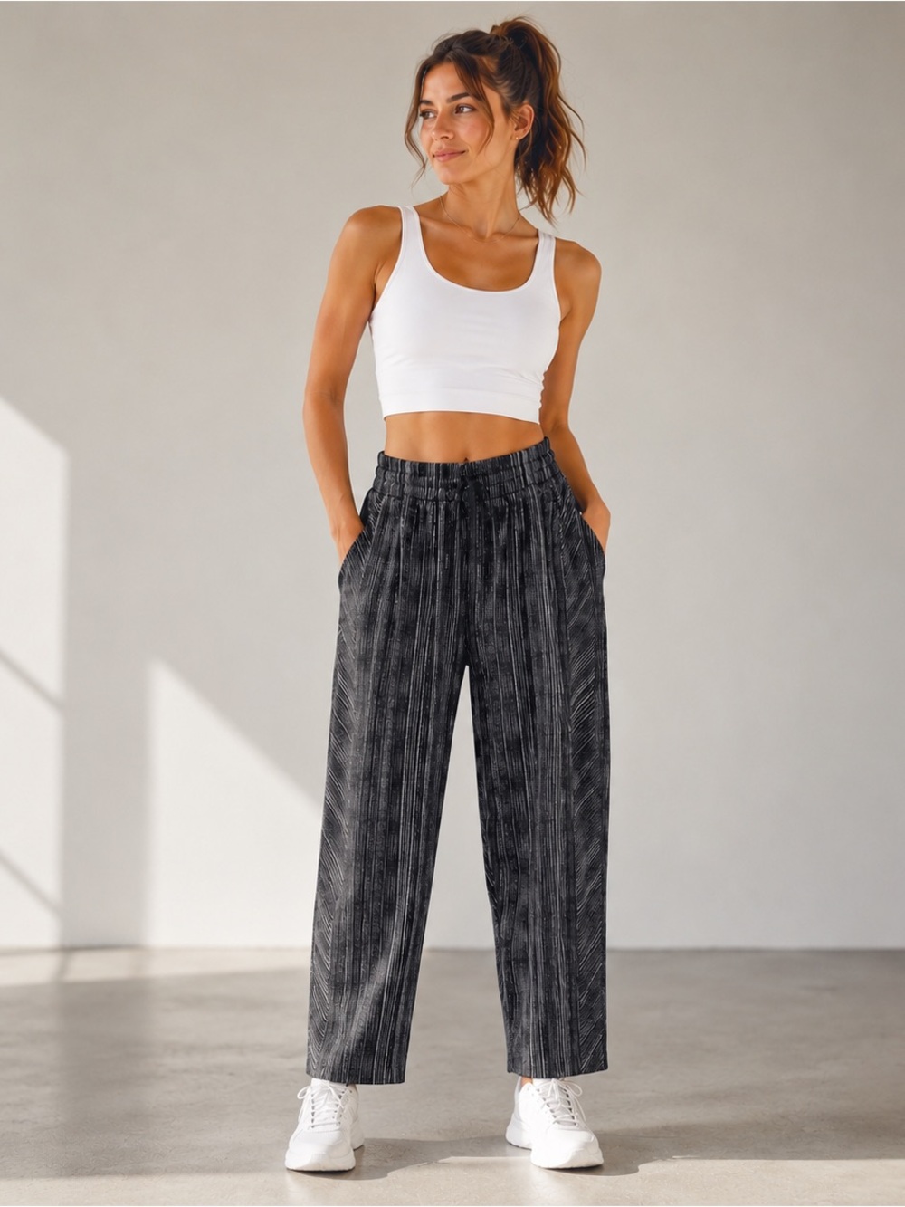 Athleta‎ Black Stripe Ankle Pants Size 16 | Straight Leg Drawstring Athleisure